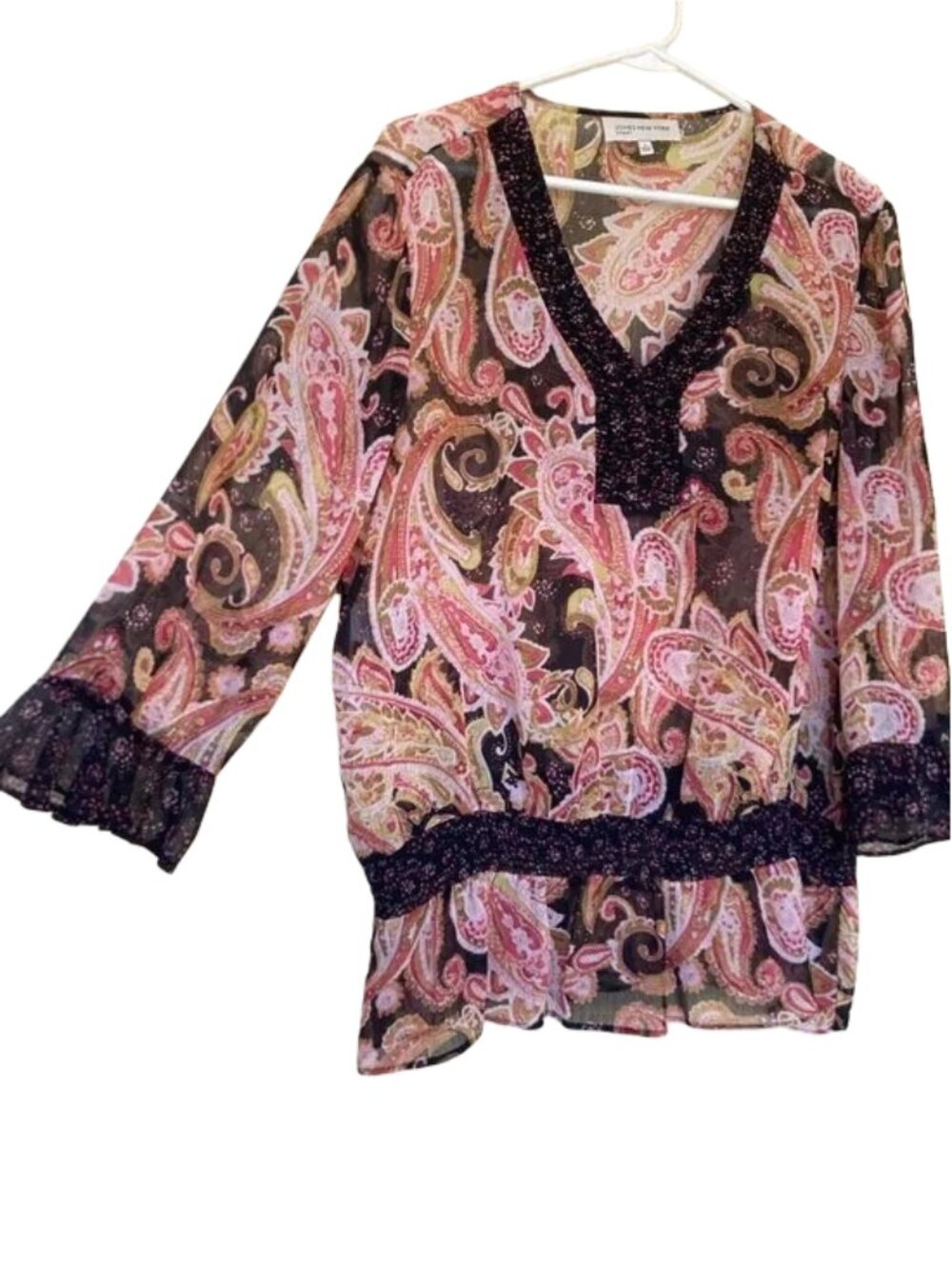 Jones New York Pink & Black Paisley V-Neck Sheer Boho Style Tunic
